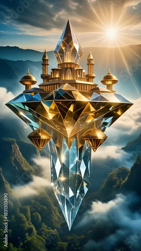 Floating palace atop crystal spire above clouds with radiant light in surreal fantasy landscape. Seamless looping time-lapse animation video background