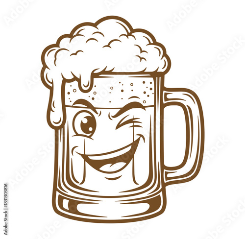 Cheerful cartoon beer mug with winking face and frothy foam outline vector illustration