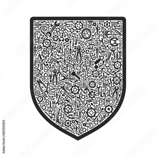 Shield of Tools - A Detailed Illustration of Various Mechanical Instruments.