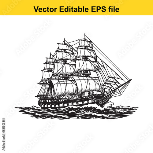 Black and white vector illustration of a large historical sailing ship with full sails navigating rough ocean water, isolated on white background