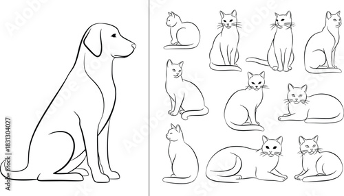 Simple black outline drawing set of a sitting domestic dog and various cat poses, pet collection vector illustration for vet, animal care, or children's coloring books.