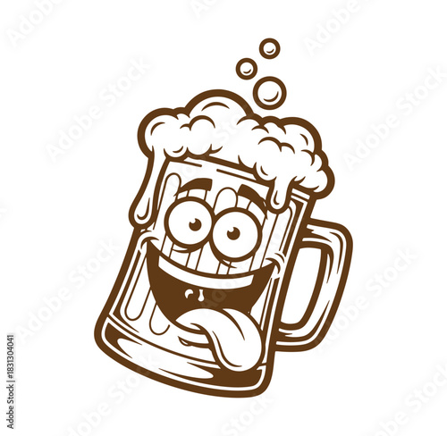 Funny cartoon beer mug with a happy face and foamy head in simple brown lines