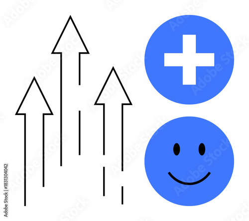 Growth concept. Blue symbols for positivity and success, upward arrows progress, and a happy face for achievement. Growth in business, personal development, marketing success, innovation, motivation
