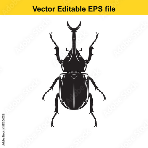 Black and white vector silhouette illustration of a rhinoceros beetle, a large scarab insect, isolated on white background
