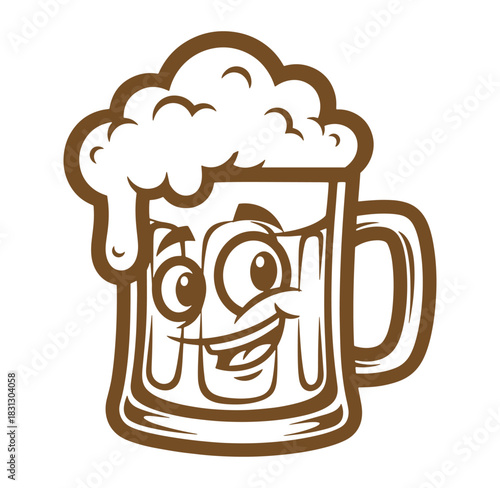 Happy cartoon beer mug with foamy head smiling and ready for a cheers