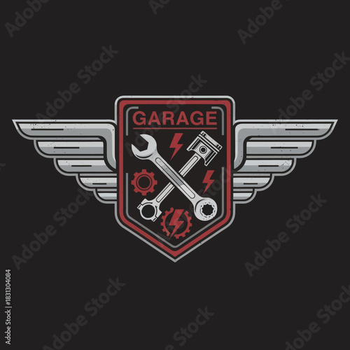 Vintage garage service emblem with wings wrench and piston.