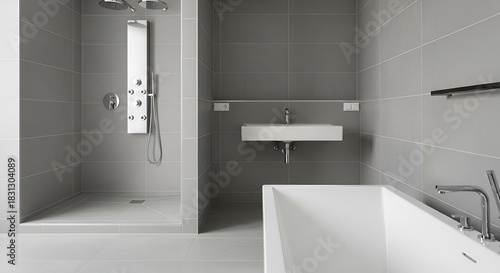 Wallpaper Mural Modern bathroom interior showcasing clean lines, a walk-in shower, and minimalist design elements. Torontodigital.ca