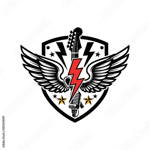 Rock and Roll Emblem with Guitar, Wings, and Lightning Bolt.