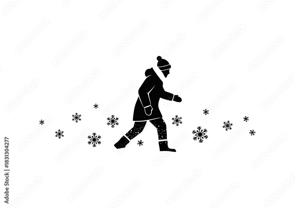 Fototapeta premium A black and white icon of a person in a winter coat and hat walking through falling snowflakes on a cold day
