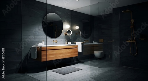 Contemporary bathroom design showcases black tiled walls, wooden vanity, and gold fixture accents.