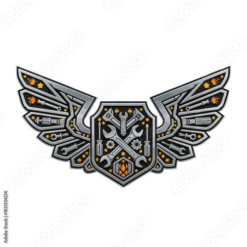Emblematic Winged Shield with Tools and Gears.