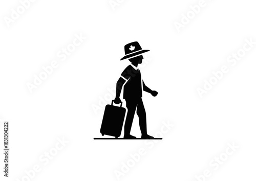 Silhouette of a person wearing a hat, walking with a suitcase, representing travel and journeys