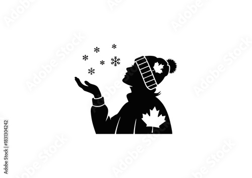 Canadian Silhouette Enjoying Snowfall with Maple Leaf Accent - Winter Icon