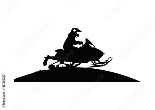 A dynamic black silhouette of a person riding a snowmobile on a snow-covered hill. This vector graphic represents winter sports, adventure, and outdoor recreation