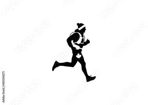 Dynamic silhouette of a resilient trail runner in winter gear, embodying endurance and a healthy lifestyle through cold weather outdoor sport activity