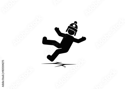 A pictogram of a person falling on a slippery ice surface, representing a slip and fall accident