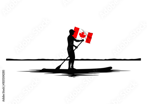 Silhouette of a stand-up paddleboarder proudly displaying a vibrant Canadian flag on calm water, celebrating national spirit and outdoor recreation