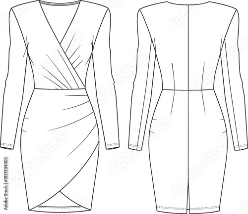 Women's Long Pencil Skirt CAD Drawing Flat Vector Illustration, Showing Technical Front and Back Views for Garment Design Specification.
