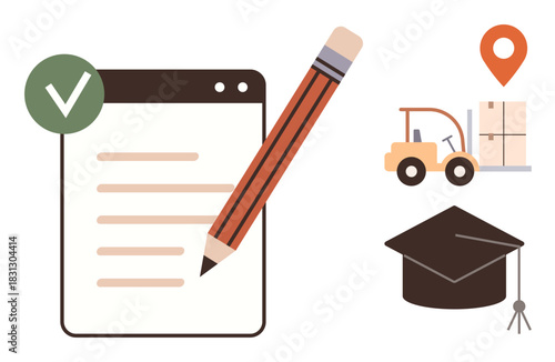 Checklist with pencil, forklift moving boxes, map marker, and graduation cap convey planning, education, certification, logistics, location and approval. Ideal for training learning delivery