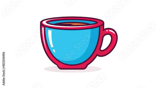 A vibrant blue and red coffee cup filled with dark liquid.