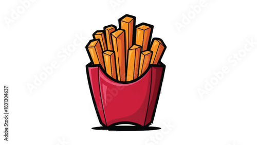 Cartoon illustration of golden french fries in a red box.