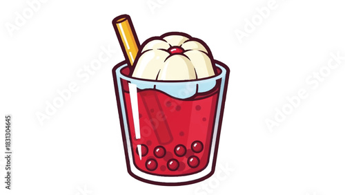 Delicious Red Bubble Tea with Creamy Topping and Straw.