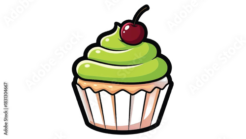 Delicious Green Frosted Cupcake with Cherry Topping.