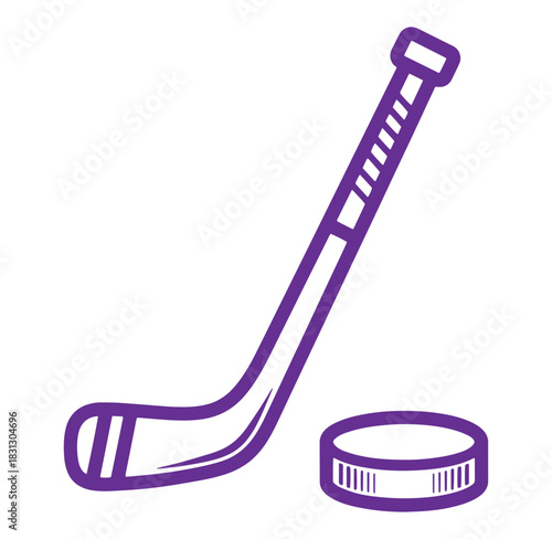 Vector illustration of a purple hockey stick and puck on a white background
