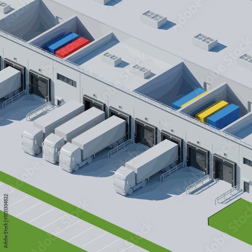 Modern Logistics Warehouse with Trucks at Loading Docks.