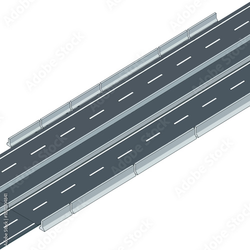 Isometric View of a Highway with Multiple Lanes and Barriers.
