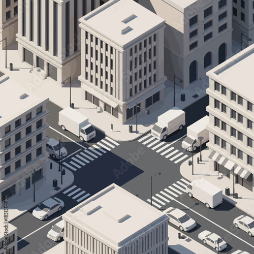 Isometric view of a bustling city intersection with cars and trucks.
