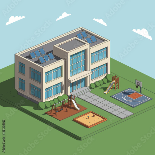 Modern School Building with Playground and Solar Panels.