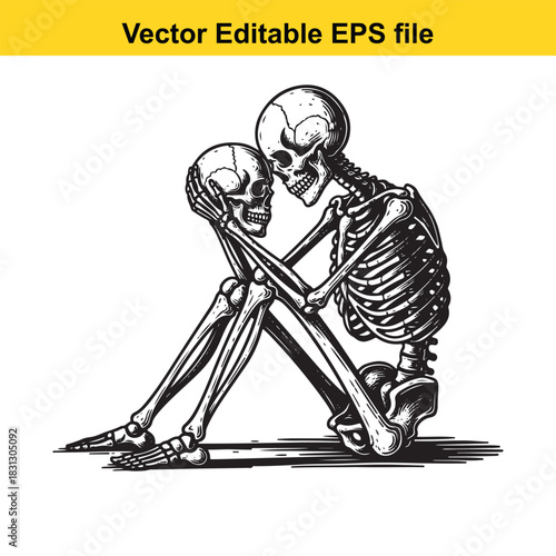 Two human skeletons sitting together in a loving embrace holding each others skull isolated on white background