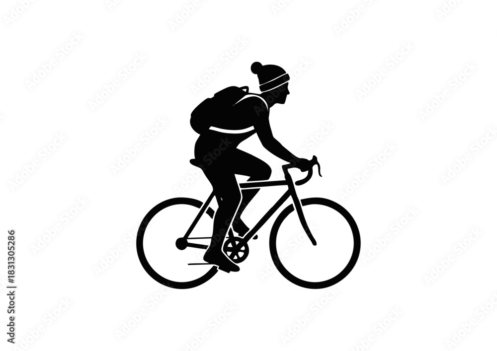 Obraz premium Striking black silhouette illustration of a dedicated cyclist, adorned with a beanie and backpack, embodying the spirit of active travel, outdoor sports, and personal exploration on two wheels