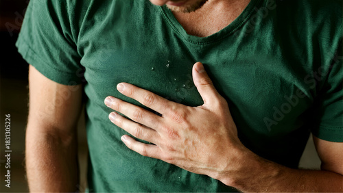 Man with sweat droplets on his green t-shirt, hand on chest, feeling hot, exhausted, or anxious.
