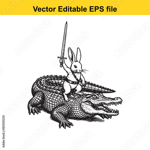 Black and white vector illustration of a brave rabbit warrior riding a fierce alligator while holding a sword, isolated on white background