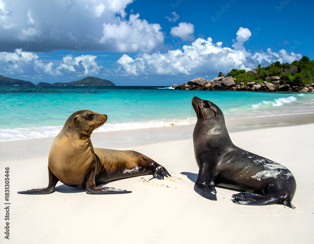 Fototapeta premium Two sea lions rest on a pristine white sand beach with turquoise water and a beautiful blue sky, a vibrant tropical wildlife scene.