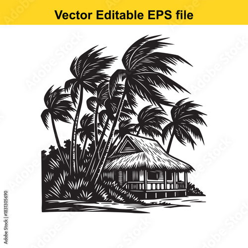 Black and white woodcut style vector illustration of a tropical beach hut with palm tree silhouette isolated on white background