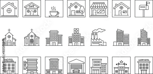 City Buildings and Real Estate Line Icon Set, Featuring Residential Houses, Commercial Stores, Cafes, Churches, Hospitals, Factories, and Modern Hotel Architecture Vector Symbols