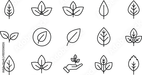 Nature and Ecology Line Icons Set, Including Leaf, Environment, Growth, Organic, Vegan, Bio, Plant, Natural Product, and Green Energy Concepts Vector