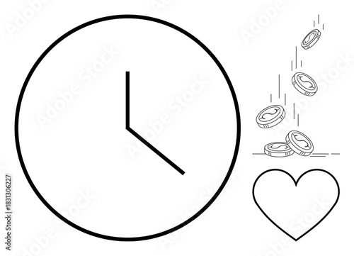 Clock face, falling coins, and heart outline emphasizing time management, financial decisions, emotional priorities. Ideal for finance, life balance, relationships, time mindfulness self-care
