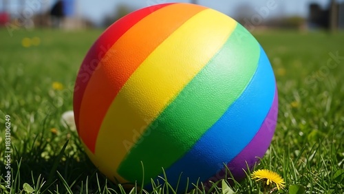 Rainbow ball on green grass in sunny weather.