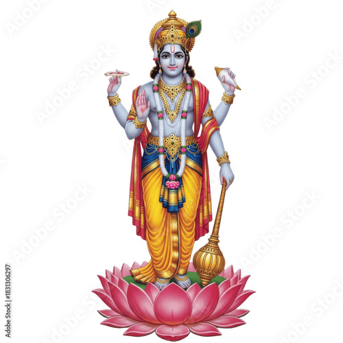 Hindu God Lord Vishnu Standing on Lotus with Mace Conch Chakra and Peacock Crown PNG Oil Paint