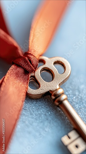 Close-up shot of a gold key tied with a red ribbon against a textured, glittery background. The key is in focus, suggesting concepts like access and opportunity