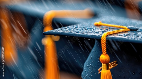 Close-up of graduation caps with yellow tassels in the rain, symbolizing education, achievement, and the culmination of academic studies.