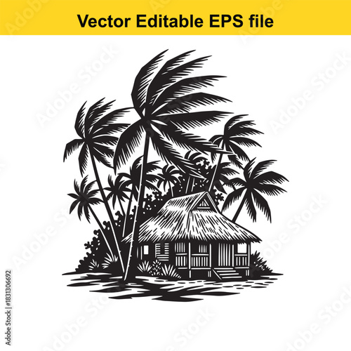 Black and white vector illustration of a tropical beach hut nestled among dense palm trees, isolated on white background