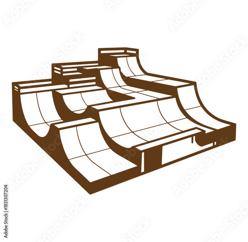 Brown and white vector illustration of a skateboard park ramps and obstacles design