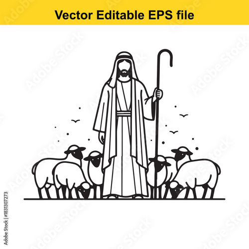 Black and white line art vector illustration of a biblical shepherd with a staff standing among a small flock of sheep, isolated on white background