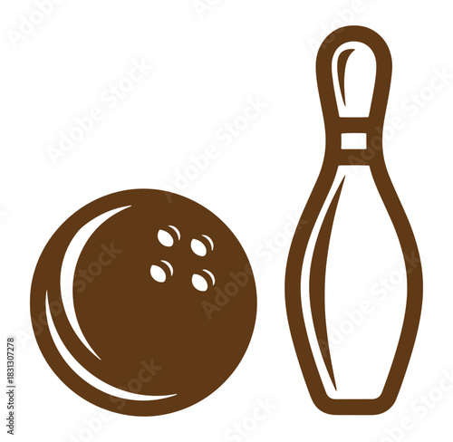 Brown bowling ball and pin icon isolated on white background for sport and recreation