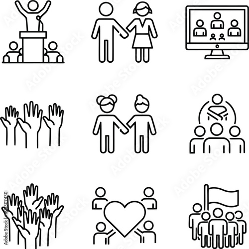 Social interaction, community, leadership outline icons. communication, partnership, volunteer